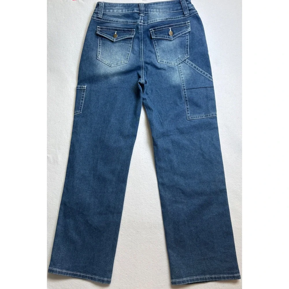 Flamingals Womens High Waisted Wide Leg Carpenter Jeans Medium Wash Blue Size L